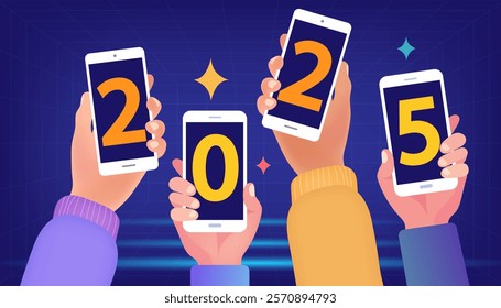 Hand hold smartphone text "2025" with discount percentage sign. Announcement of final sale, big discounts on goods. lower price on products. web or socila media banner. Vector illustration.