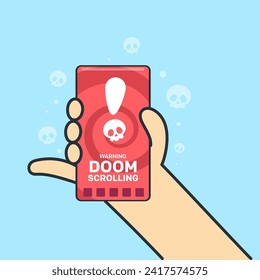 a hand hold a smartphone with text doom scrolling. Vector Illustration