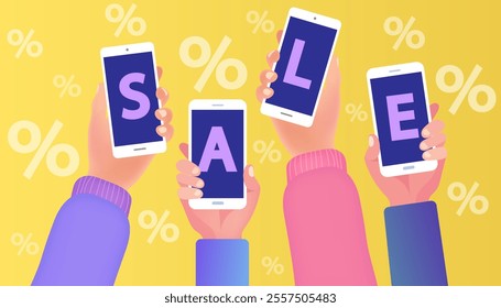 Hand hold smartphone text "sale" with discount percentage sign. Announcement of final sale, big discounts on goods. lower price on products. web or socila media banner. Vector illustration.