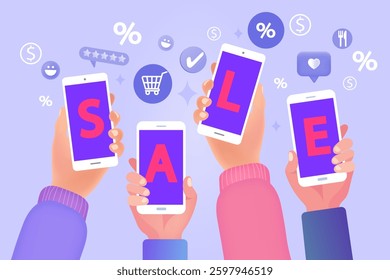 Hand hold smartphone text "sale" with discount percentage sign. Announcement of final sale, big discounts on goods. lower price on products. web or socila media banner. Vector illustration.