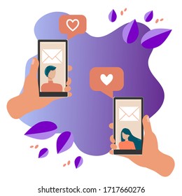 Hand hold smartphone, touch finger enter button. Men and women are calling. Modern concept for web banners, websites, infographics. Creative flat design vector illustration.