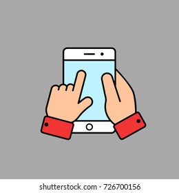 Hand hold smartphone, touching blank screen icon. Vector illustration.