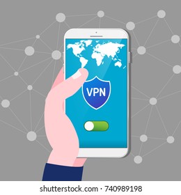 hand hold smartphone use ON VPN vitual Private network proxy application on smartphone vector illustration