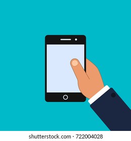 Hand hold smartphone. Vector flat design illustration.