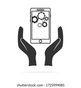 Mano sostiene un icono vector de smartphone para diseño gráfico, logotipo, sitio web, medios sociales, aplicación móvil, interfaz de imagen. Ilustración vectorial eps 10