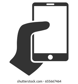 Hand Hold Smartphone vector icon. Flat gray symbol. Pictogram is isolated on a white background. Designed for web and software interfaces.