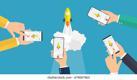 Hand hold smartphone. Video streaming on smartphone. Watch online videos poster suitable for infographics, presentation or advertising. Vector illustration.