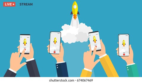 Hand hold smartphone. Video streaming on smartphone. Watch online videos poster suitable for infographics, presentation or advertising. Vector illustration.