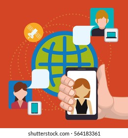 hand hold smartphone worldwide messaging connected vector illustration