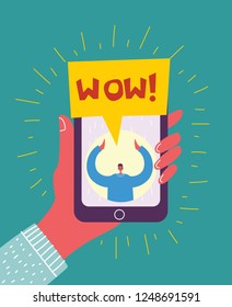  Hand hold smartphone with Wow message. Modern concept for web banners, web sites, infographics. Creative flat design vector illustration
