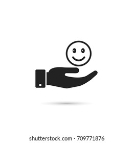 Hand hold smiley emoticon icon, vector. Giving good mood concept illustration.