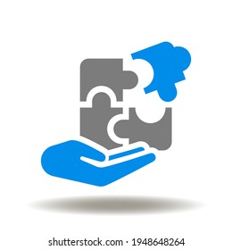Hand hold solved puzzle pieces vector icon. Give good solution symbol. Business solutions logo.