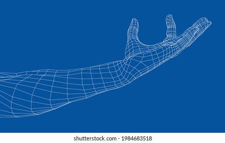 Hand hold some tiny or thin object. Vector rendering of 3d. Wire-frame style. Hand hold somethin