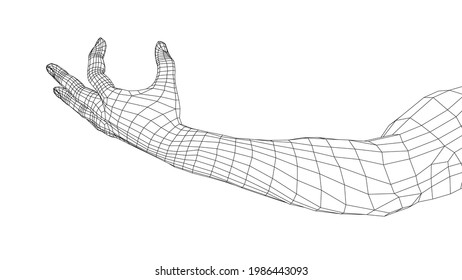 Hand hold some tiny or thin object. Vector rendering of 3d. Wire-frame style. Hand hold somethin
