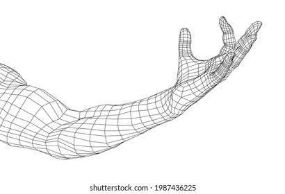 Hand hold some tiny or thin object. Vector rendering of 3d. Wire-frame style. Hand hold somethin