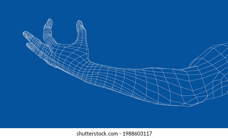 Hand hold some tiny or thin object. Vector rendering of 3d. Wire-frame style. Hand hold somethin