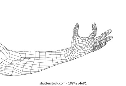 Hand hold some tiny or thin object. Vector rendering of 3d. Wire-frame style. Hand hold somethin