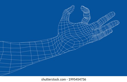 Hand hold some tiny or thin object. Vector rendering of 3d. Wire-frame style. Hand hold somethin