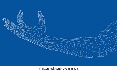 Hand hold some tiny or thin object. Vector rendering of 3d. Wire-frame style. Hand hold somethin