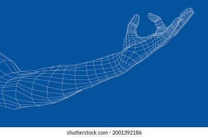 Hand hold some tiny or thin object. Vector rendering of 3d. Wire-frame style. Hand hold somethin