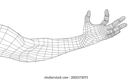 Hand hold some tiny or thin object. Vector rendering of 3d. Wire-frame style. Hand hold somethin