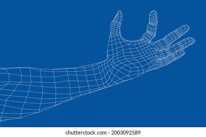 Hand hold some tiny or thin object. Vector rendering of 3d. Wire-frame style. Hand hold somethin