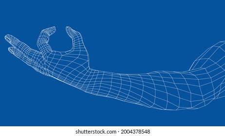 Hand hold some tiny or thin object. Vector rendering of 3d. Wire-frame style. Hand hold somethin