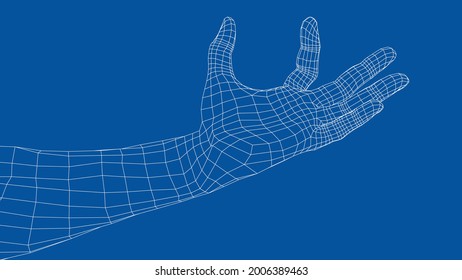Hand hold some tiny or thin object. Vector rendering of 3d. Wire-frame style. Hand hold somethin
