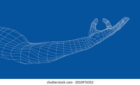 Hand hold some tiny or thin object. Vector rendering of 3d. Wire-frame style. Hand hold somethin