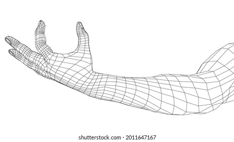 Hand hold some tiny or thin object. Vector rendering of 3d. Wire-frame style. Hand hold somethin