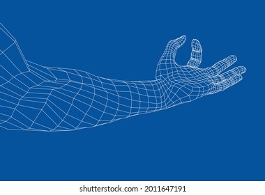 Hand hold some tiny or thin object. Vector rendering of 3d. Wire-frame style. Hand hold somethin