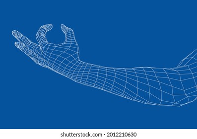 Hand hold some tiny or thin object. Vector rendering of 3d. Wire-frame style. Hand hold somethin