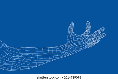 Hand hold some tiny or thin object. Vector rendering of 3d. Wire-frame style. Hand hold somethin