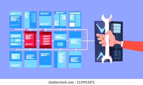 hand hold spanner over data privacy computing center with hosting servers infographic, network and database, internet center, communication support, flat design, banner vector illustration