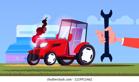 hand hold spanner over tractor plowing field eco farming concept flat vector illustration