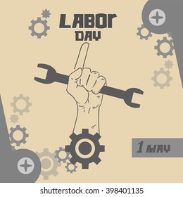 Hand Hold Spanner Wrench, Point Finger, International Labor Day May Holiday Flat Vector Illustration