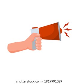 Altavoz de mano. Megáfono rojo. Concepto de alertas y noticias. Sonido fuerte y símbolo de venta. Ilustración de dibujos animados planos