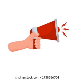 Hand hold speaker. Red megaphone. Concept of alerts and news. Loud sound and a symbol of sale. Flat cartoon illustration