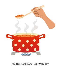 Hand hold spoon with food. Meal cooked in saucepan on a gas stove. Home cooking food process. Colorful flat vector illustration.