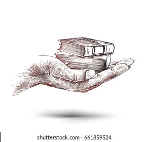 Hand hold Stack of books isolated on white, Hand Drawn Sketch Vector illustration.