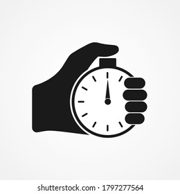 Hand hold stopwatch. Vector flat cartoon illustration