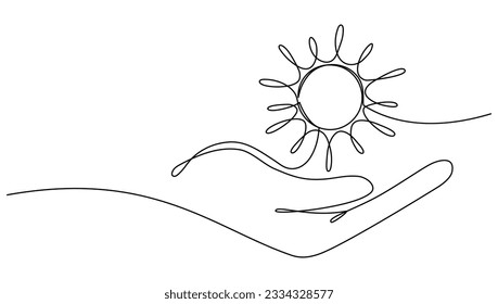 Hand hold sun continuous one line drawn. Vector illustration isolated on white.
