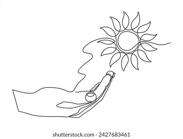 Hand hold sun continuous one line drawn. Vector illustration isolated on white.	
