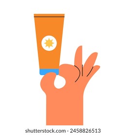 Hand hold Sunscreen in a tube. Skin protection from solar ultraviolet radiation. Flat icon. Flat vector illustration.