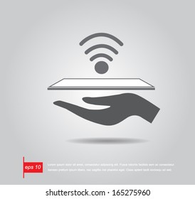 hand hold tablet connect wifi vector icon