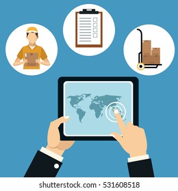 hand hold tablet delivery concept icons