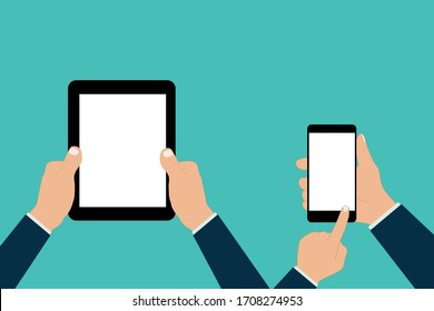 hand hold tablet finger touch screen vector design