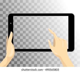  Hand hold tablet isolated on a transparent background. Vector illustration.