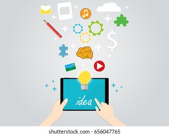 hand hold tablet lightbulb idea vector