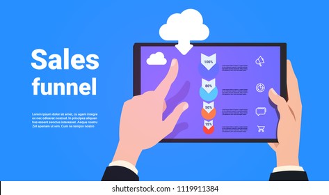 hand hold tablet mobile application synchronization sales funnel with steps stages business infographic. purchase diagram concept over blue background copy space flat design vector illustration